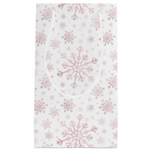 Pretty Pink Christmas Snowflakes on Winter White Small Gift Bag