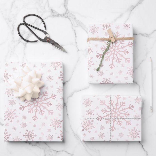Pretty Pink Christmas Snowflakes on Winter White  Wrapping Paper Sheets (Front)
