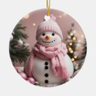Pretty Pink Christmas Snowman Ceramic Ornament