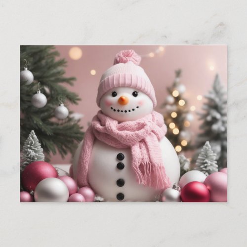 Pretty Pink Christmas Snowman Postcard