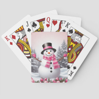 Pretty Pink Christmas Snowman Scene Poker Cards