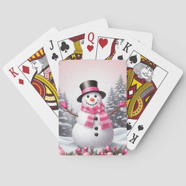 Pretty Pink Christmas Snowman Scene Poker Cards (Back)