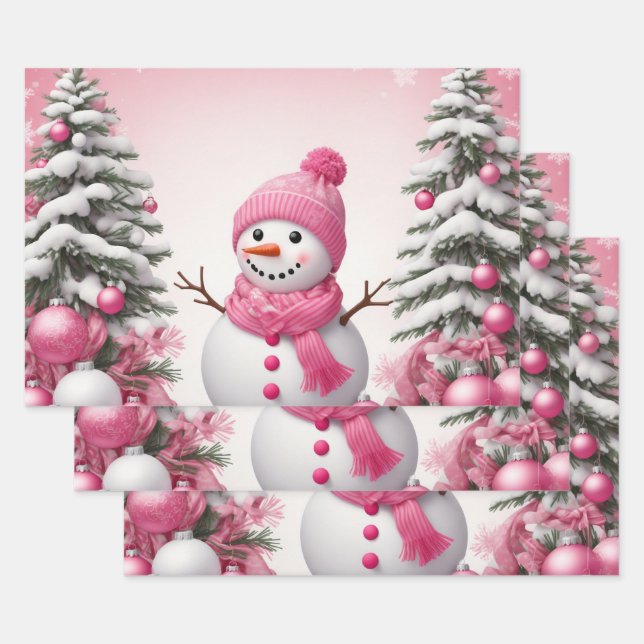 Pretty Pink Christmas Snowman & Trees Wrapping Paper Sheets (Set)