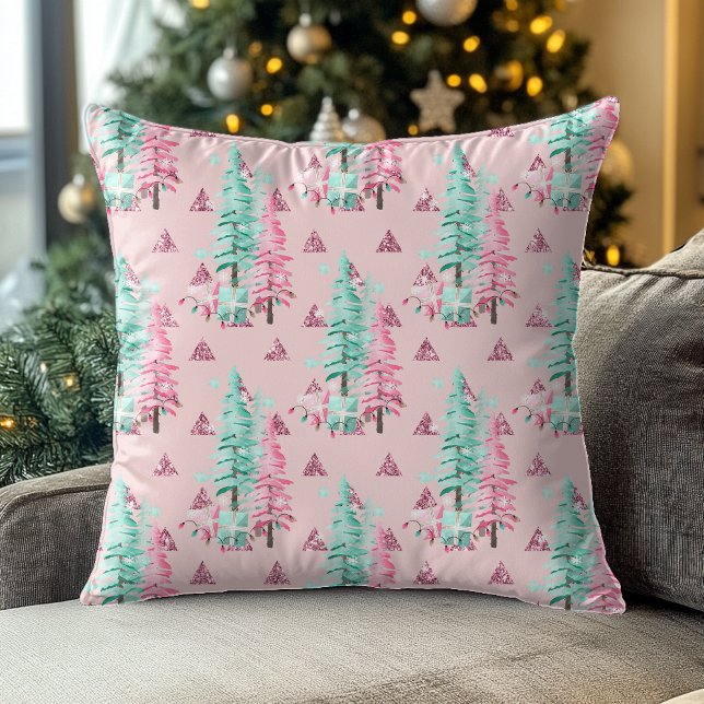 Pretty Pink Christmas Tree Pattern  Throw Pillow (Creator Uploaded)
