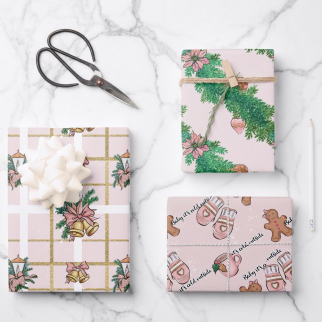 Pretty Pink Christmas Trio Wrapping Paper Sheets (Front)