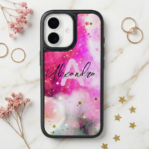 Pretty Pink Clouds Gold Stars Script Monogram Name iPhone 17 Case
