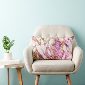 Pretty Pink Colors And Faux Gold Floral Lumbar Pillow