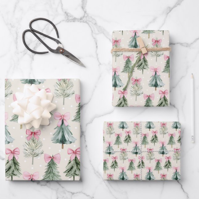 Pretty Pink Coquette Bow Christmas Tree Pattern Wrapping Paper Sheets (Front)