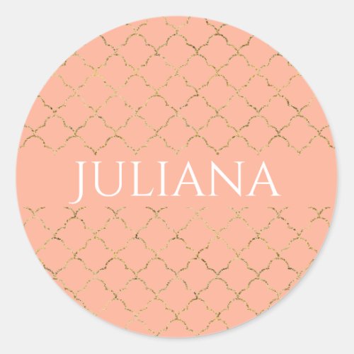 Pretty Pink Coral Gold Quatrefoil Personalized  Classic Round Sticker