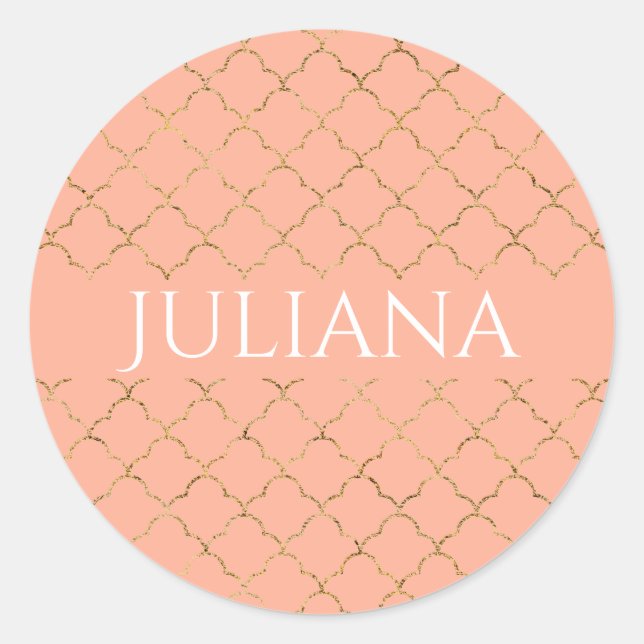 Pretty Pink Coral Gold Quatrefoil Personalized  Classic Round Sticker (Front)