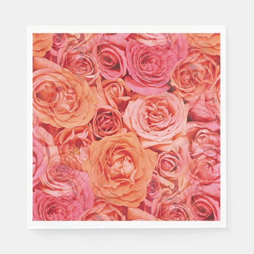 Pretty Pink Coral Red Orange Roses Flowers Pattern Paper Napkins