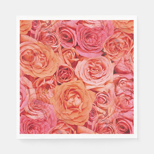 Pretty Pink Coral Red Orange Roses Flowers Pattern Paper Napkins (Front)