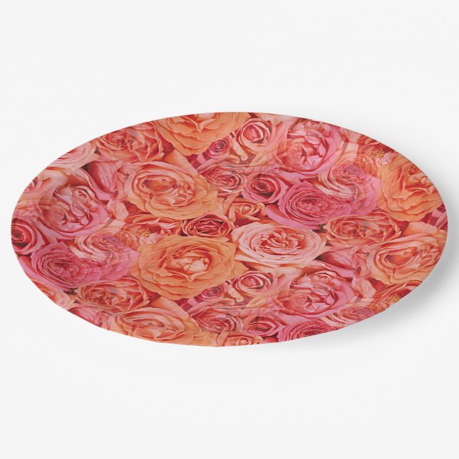 Pretty Pink Coral Red Orange Roses Flowers Pattern Paper Plates (Angled)