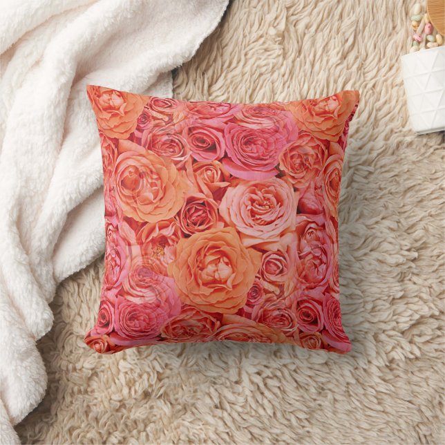 Pretty Pink Coral Red Orange Roses Flowers Pattern Throw Pillow (Blanket)
