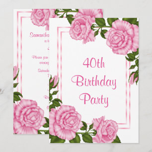 Pretty Pink Corner Bouquets 40th Birthday Invitation