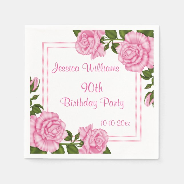Pretty Pink Corner Bouquets 90th Paper Napkins (Front)