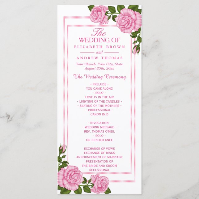 Pretty Pink Corner Bouquets Wedding Program (Front)