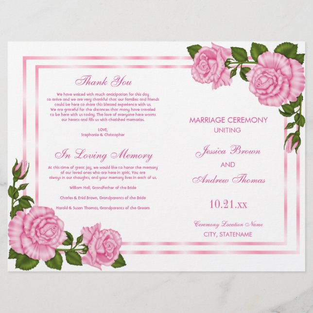 Pretty Pink Corner Bouquets Wedding Program (Front)
