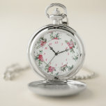 Pretty Pink Cottage Chic Floral Pocket Watch<br><div class="desc">Chic seamless repeating floral pattern featuring romantic pink hibiscus, hydrangeas, carnations and apple blossoms arranged with maidenhair ferns. Can be scaled up or down and background color can be edited. Editable center circle with customizable numbers.</div>