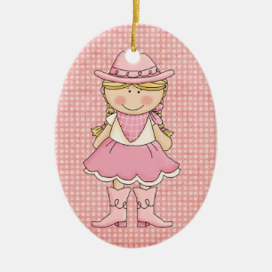 Pretty Pink Cowgirl (blonde) & Sheriffs Badge Ceramic Ornament