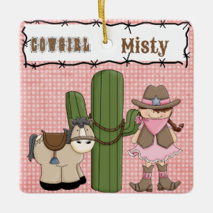 Pretty Pink Cowgirl (brown hair) and Pony-2 sided Ceramic Ornament