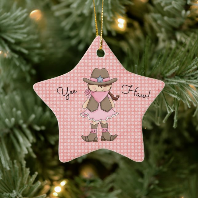Pretty Pink Cowgirl (brown hair) Ceramic Ornament (Tree)