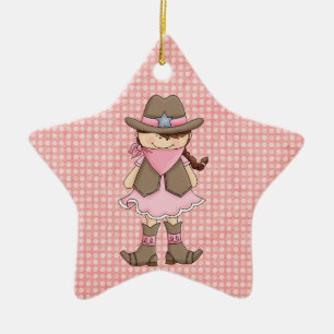 Pretty Pink Cowgirl (brown hair) & Sheriffs Badge Ceramic Ornament