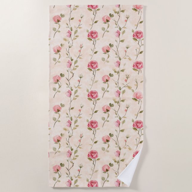 Pretty Pink Cream Roses Floral Beach Towel (Front)