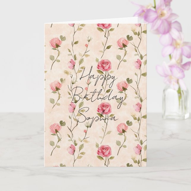 Pretty Pink Cream Roses Floral Birthday Card (Orchid)