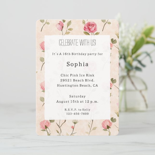 Pretty Pink Cream Roses Floral Birthday Invitation (Standing Front)