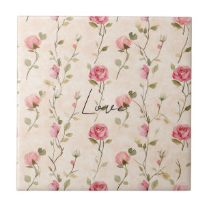 Pretty Pink Cream Roses Floral Bridal Shower Ceramic Tile