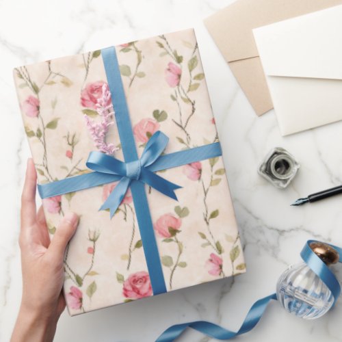 Pretty Pink Cream Roses Floral Bridal Shower Wrapping Paper