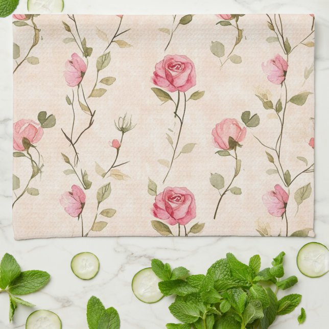 Pretty Pink Cream Roses Floral Kitchen Towel (Folded)