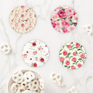 Pretty Pink Cream Roses Floral Love Coaster Set