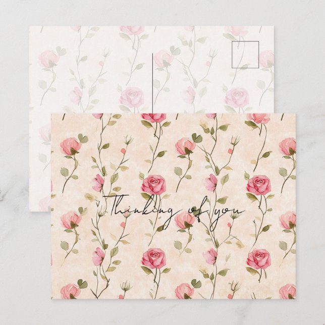Pretty Pink Cream Roses Floral Thinking of you Postcard (Front/Back)
