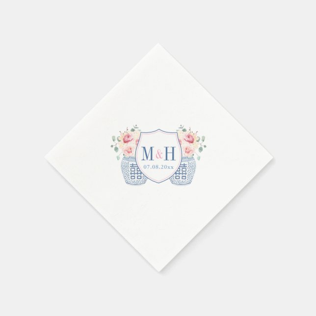 Pretty Pink Cream Roses Monogram Wedding Shower Napkins (Corner)