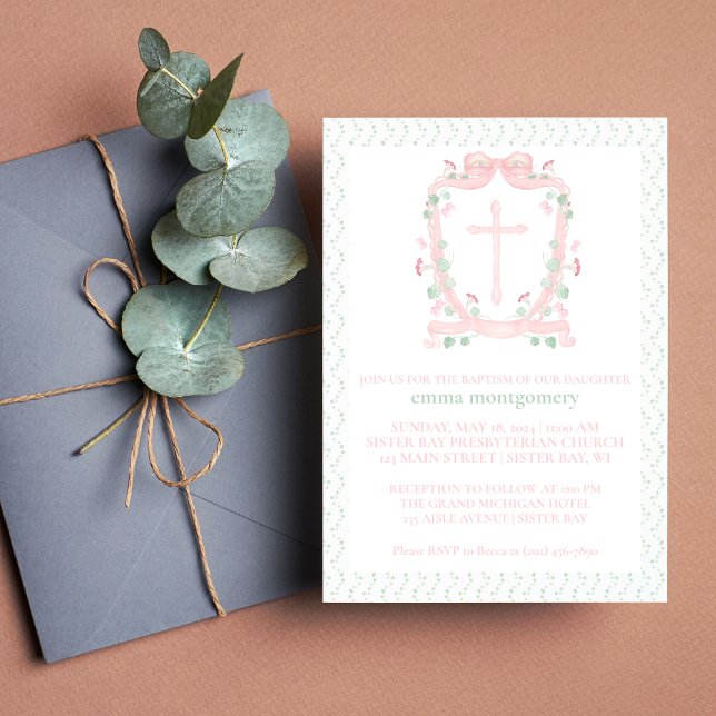 Pretty Pink Crest and Cross | Floral Baptism  Invitation (Creator Uploaded)