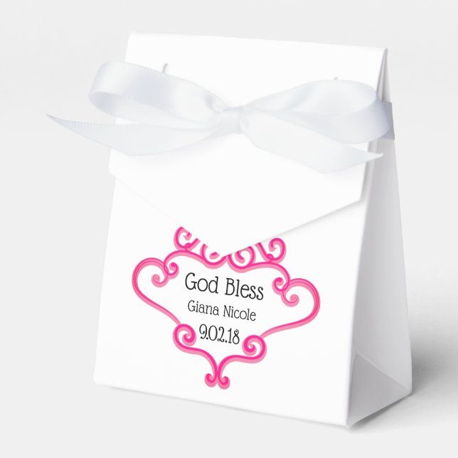 Pretty Pink Cross and Scroll Customizable Baptism Favor Boxes (Front Side)