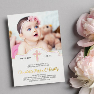 Pretty Pink Cross Script Photo Girl Baptism Foil Invitation