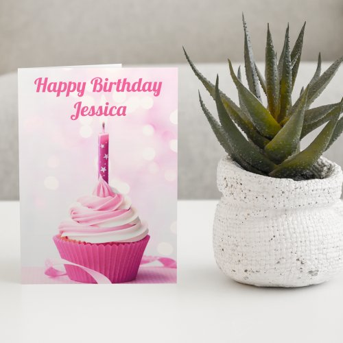 Pretty Pink Cupcake Photo Custom Happy Birthday Card