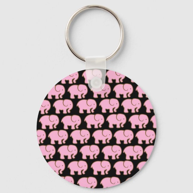 Pretty Pink Cute Elephants on Black Keychain (Front)