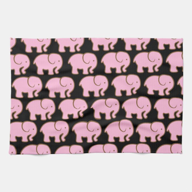 Pretty Pink Cute Elephants on Black Towel (Horizontal)