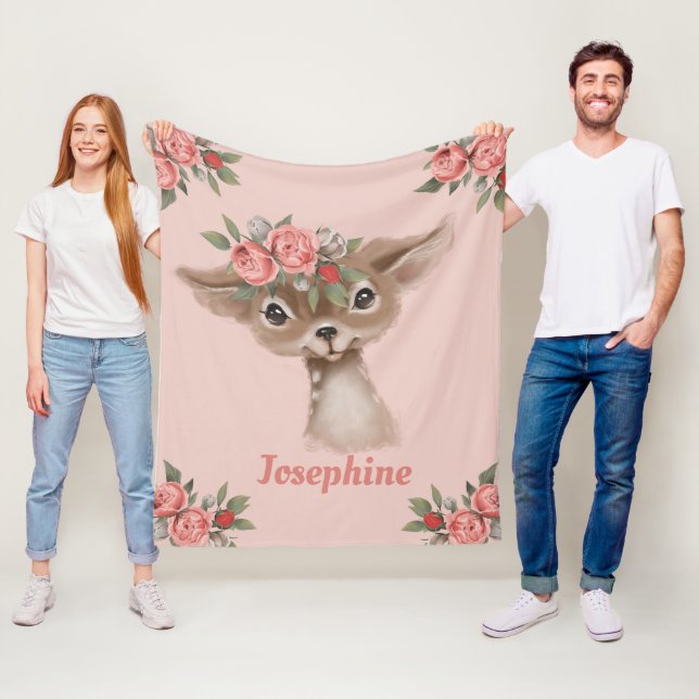 Pretty Pink Cute Floral Deer Fleece Blanket (In Situ)