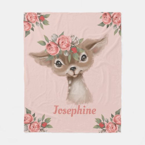 Pretty Pink Cute Floral Deer Fleece Blanket