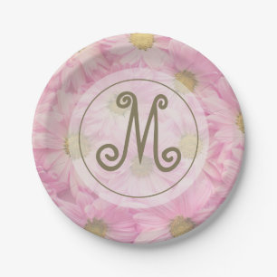 Pretty Pink Daisies Cute Custom Gold Monogram Paper Plates