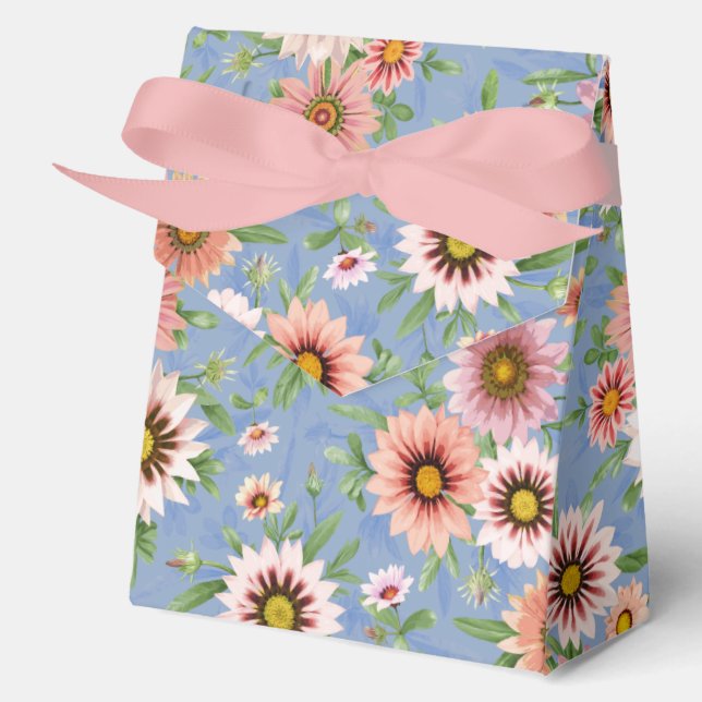 Pretty Pink Daisies on Blue Floral Pattern Favor Boxes (Front)