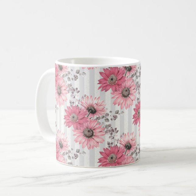 Pretty Pink Daisies Striped Floral Pattern Coffee Mug (Front Left)