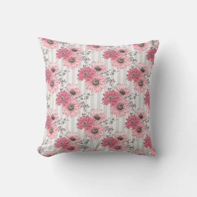 Pretty Pink Daisies Striped Floral Pattern Throw Pillow (Front)
