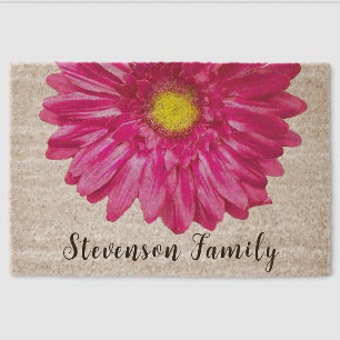 Pretty pink daisy flower custom name fiber doormat