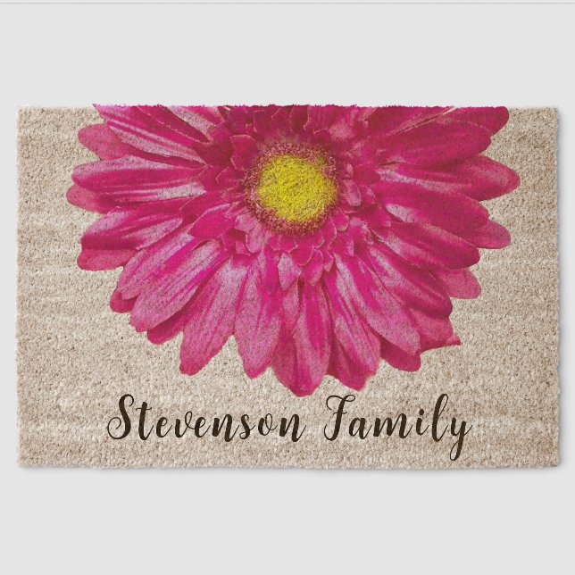 Pretty pink daisy flower custom name fiber doormat (Front)
